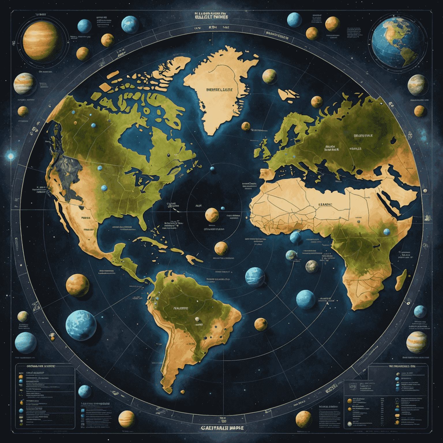 Plansza do gry Imperium Galaktyczne przedstawiająca mapę galaktyki z różnymi planetami i szlakami handlowymi