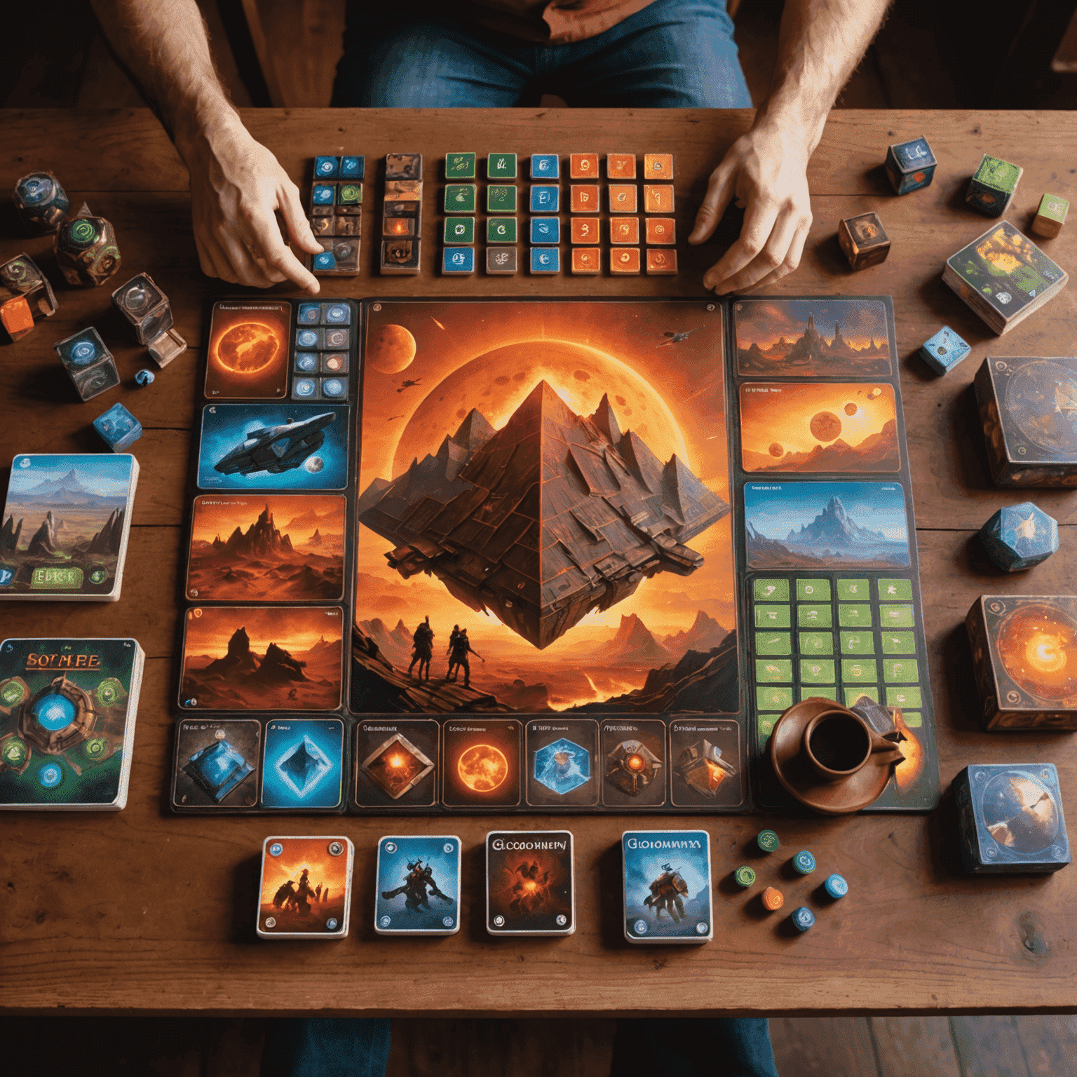 Kolaż przedstawiający różne gry planszowe solo, w tym 'Gloomhaven', 'Terraforming Mars' i 'Scythe', ułożone na drewnianym stole z akcesoriami do gier