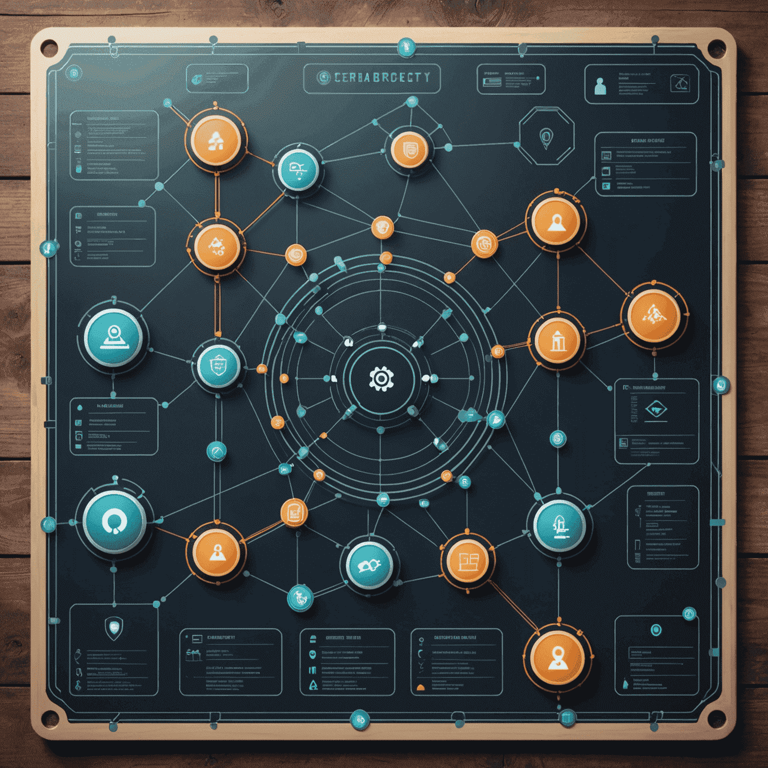 Plansza do gry Cybernetyczna Rewolucja z siatką połączeń sieciowych i ikonami reprezentującymi różne typy danych i zabezpieczeń