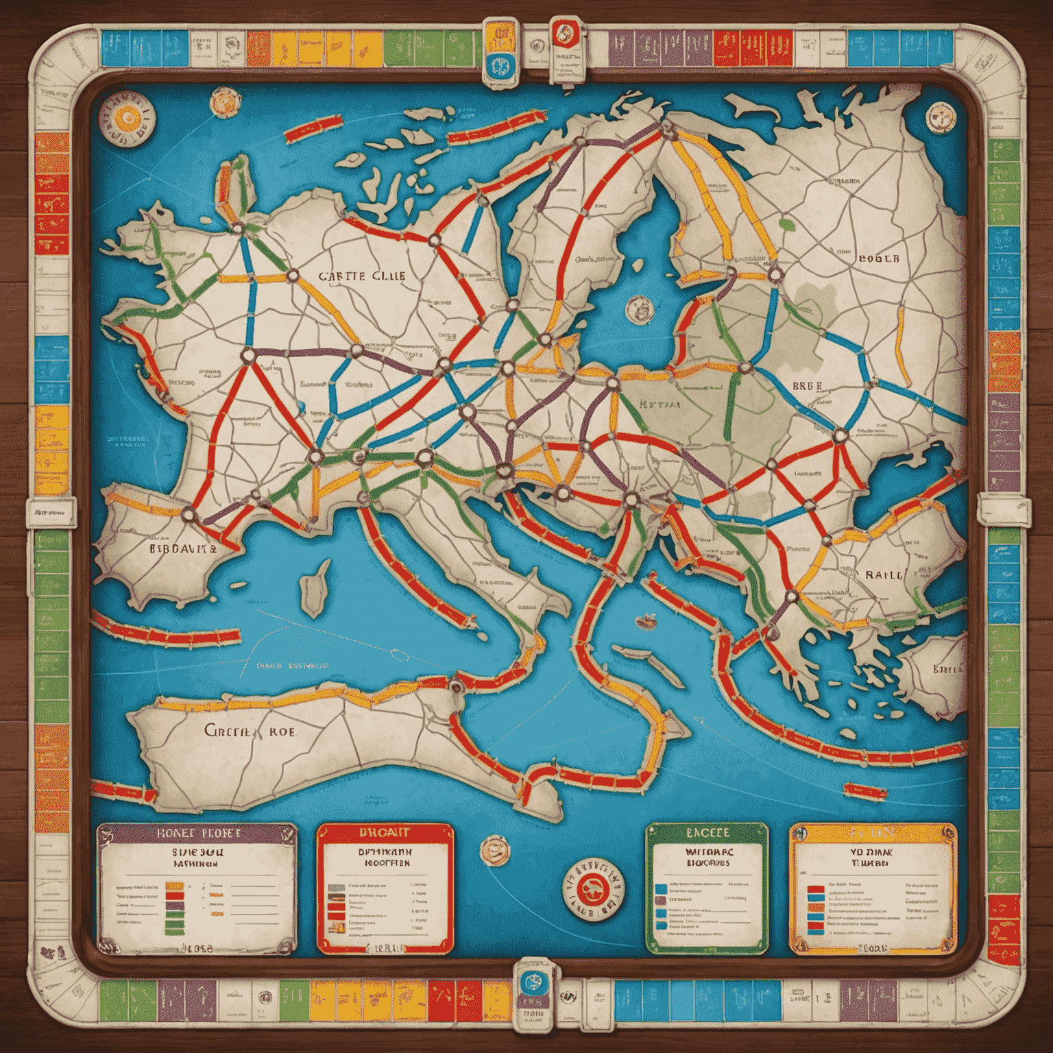 Kolorowa plansza gry Ticket to Ride z trasami kolejowymi i kartami